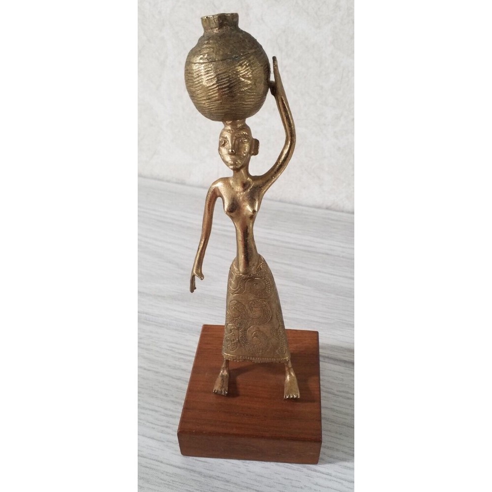 VTG Native African Women Statue Solid Brass Sculpture 7'' Tall Carrying Water